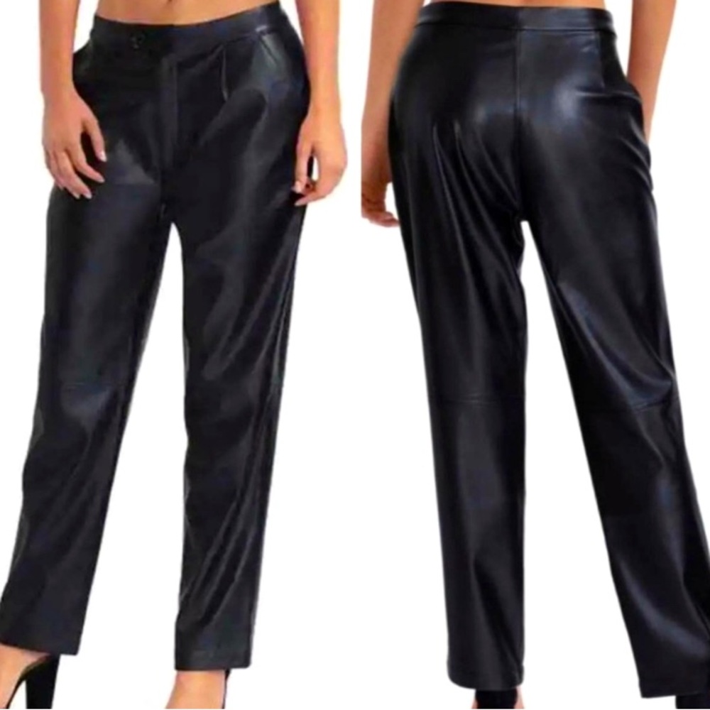 H Halston Small faux leather high rise straight leg pants stretch petite or crop